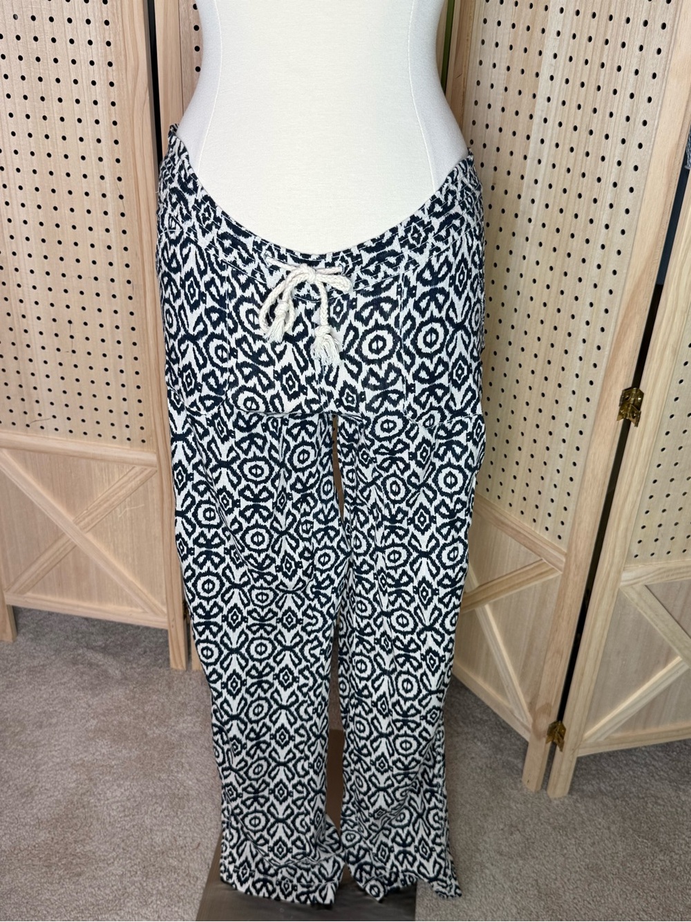 1850 Navy Blue Cream Linen Blend Boho Print Wide Leg Drawstring Pants Medium - Picture 2 of 13